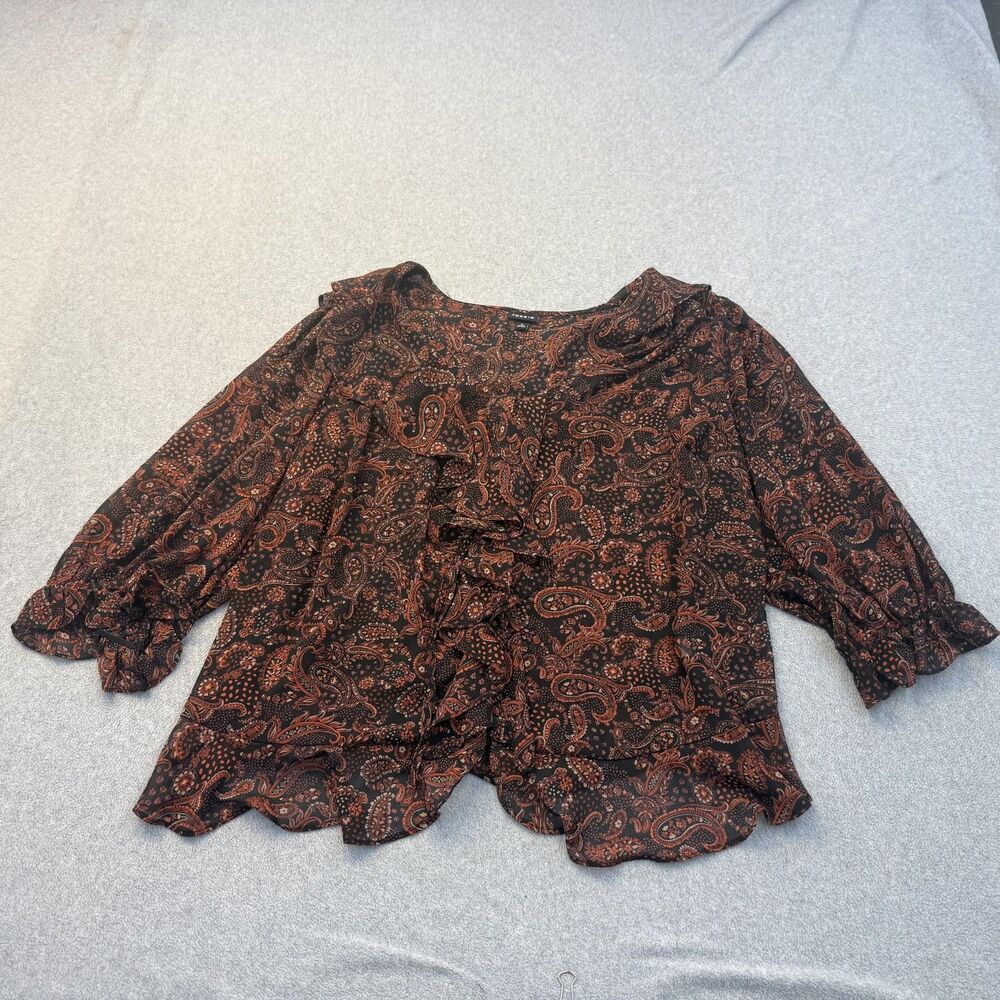 Torrid Blouse Womens 3 Paisley Print Ruffle Trim 3/4 Sleeve Black Rust Boho